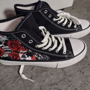 Black and White High-Top Sneakers with Red Rose Design
